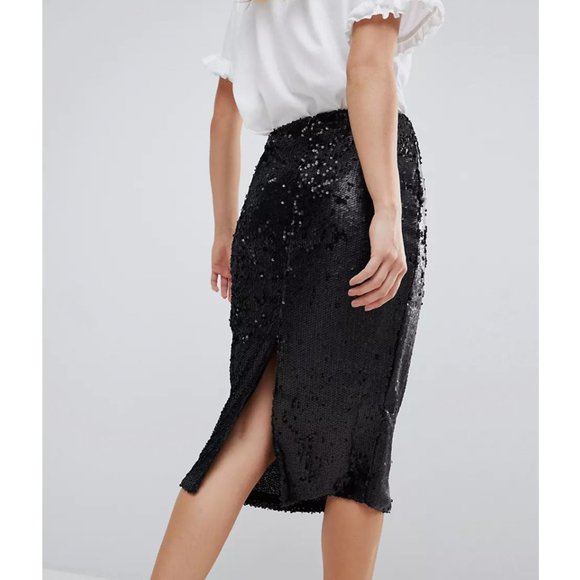 MINKPINK Bordeaux Black Sequin Paillette Rear Vent Midi Pencil Skirt Size XS NWT - Picture 3 of 6